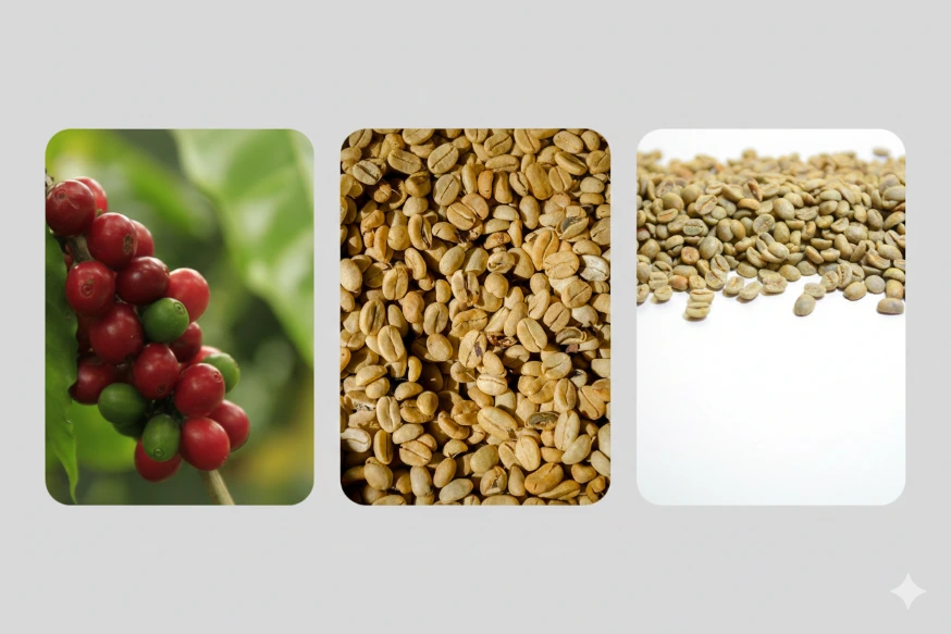 From left to right, coffee cherries, dried coffee cherries, green coffee beans