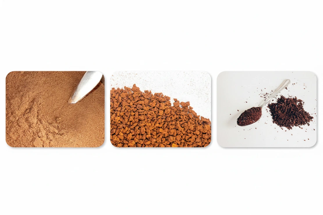From left to right, spray-dried coffee, agglomerated coffee and freeze-dried coffee.